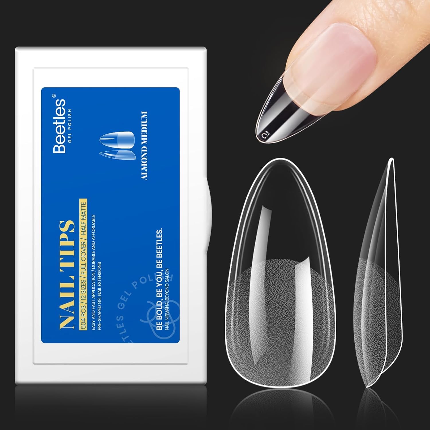 Beetles 12 Sizes Gel Nail Tips - 504pcs Pre-Filed Half Matte Medium Almond Full Cover Nail Tips - False Fake Clear Acrylic Press On Nails for DIY Nail Extension and Salon Use