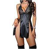 Floerns Women's Lace Lingerie Sheer Lace Babydoll V Neck Chemise Nightie Split Sleepshirt