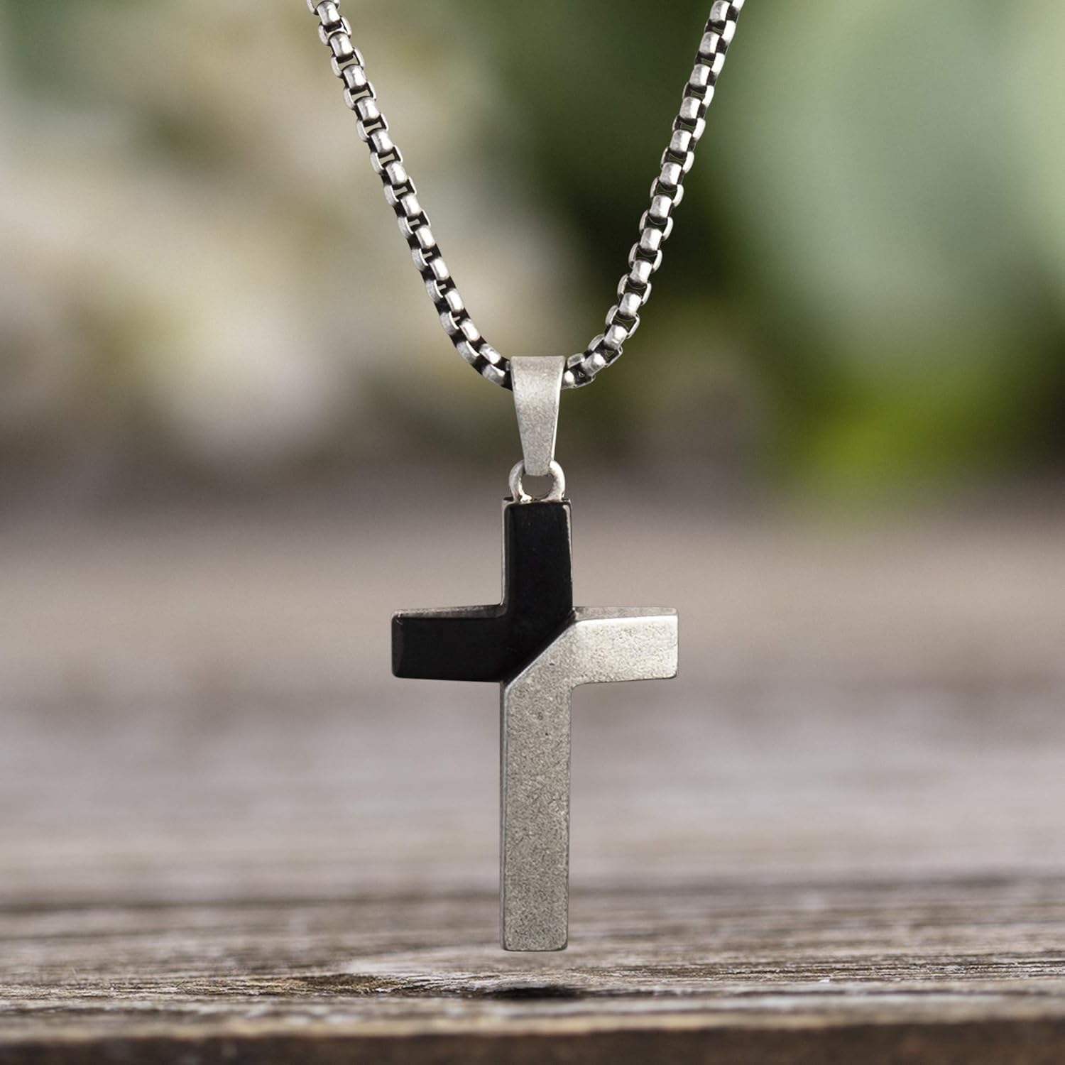 Steve Madden Black Rhodium IP Plated Stainless Steel Diagonal Design Cross Necklace for Men on 26 Inch Box Chain with 2 Inch Extender (Black) | 