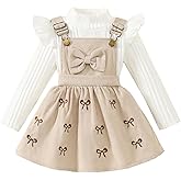 Megeoly Toddler Baby Girl Outfits Long Sleeve Ribbed T-Shirt Bow Overall Dresses Suspender Skirt Set Fall Winter Clothes
