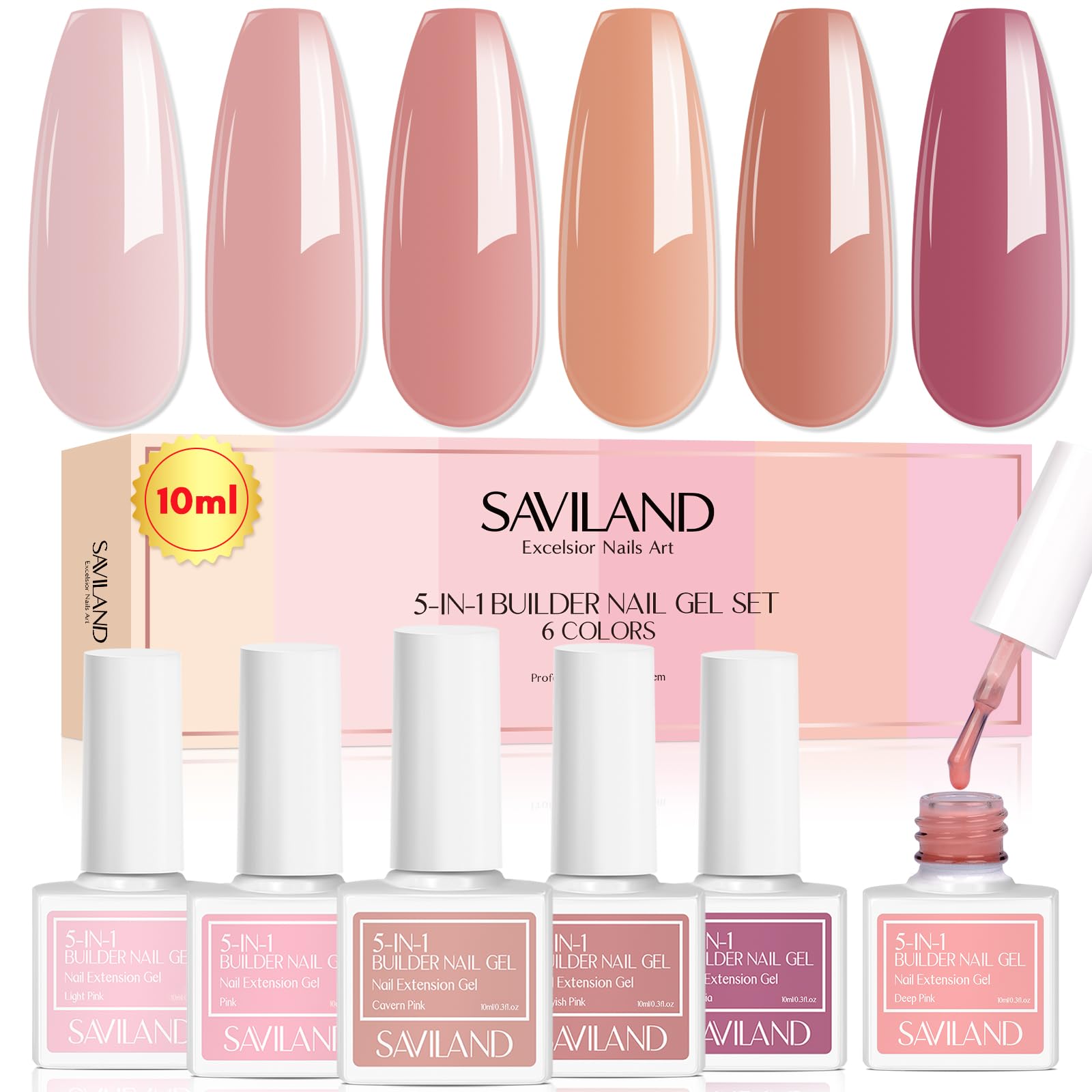Saviland 6 Colors Builder Nail Gel Set: 5-In-1 Nudes Pink Builder Gels For Nails Builder Gels In a bottle for Nail Starter for Strengthen & Nail Repair, Hard Gel for Nails Thickening, Gifts for Women