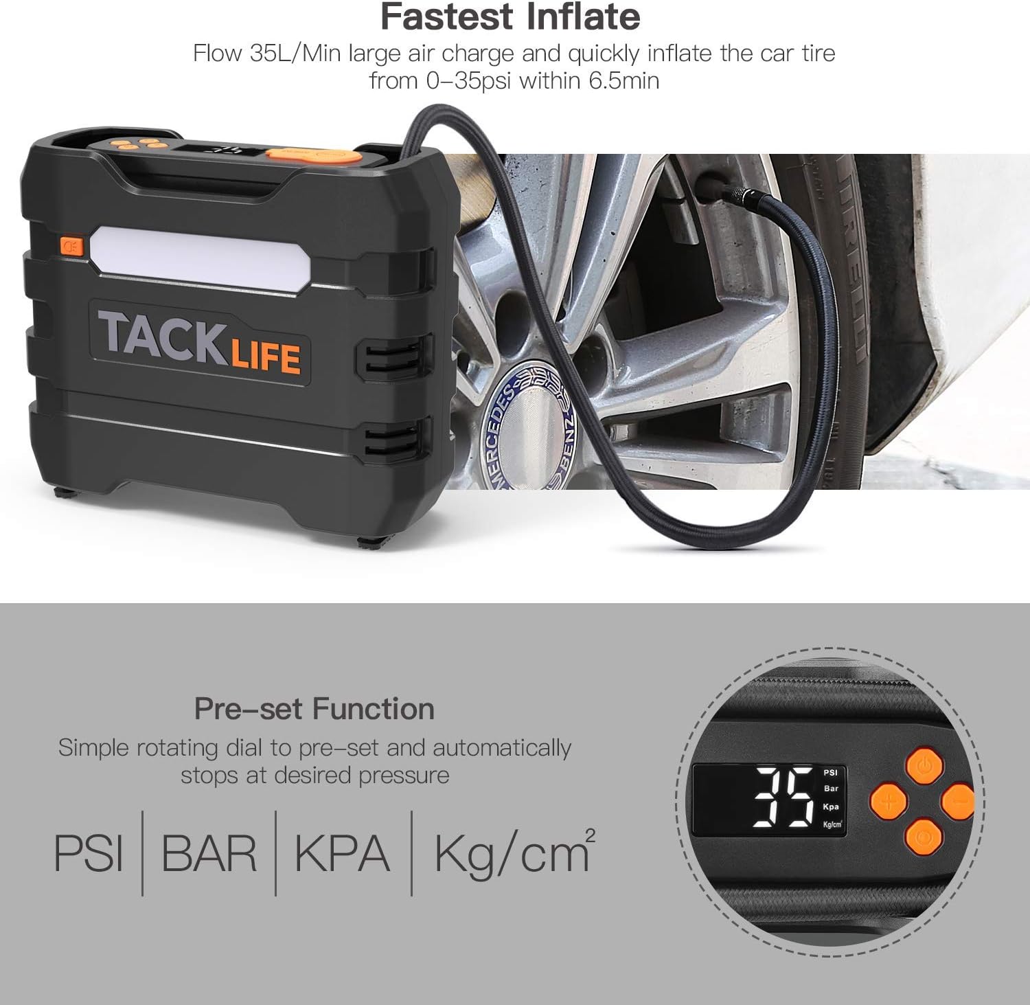 TACKLIFE Portable Tire Inflator Air Compressor, 12V Mini Electric Pump with Overheating Protection, LCD Display, LED Light, 3 Nozzles and Spare Fuse: Automotive