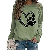 Sunidol Womens Dog Mama Sweatshirts Dog Paw Print Love Heart Graphics Long Sleeve Crewneck Pullover Casual T-Shirts