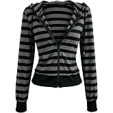 winkbay Women's Striped Zip Up Hoodie Y2k Drawstring Long Sleeve Sweatshirt | Pockets, Striped Pattern, Full Zip, Drawstring, Hooded Neck, Slim Fit, Festival Outfit, Goth Style