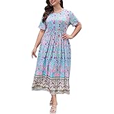 Keluummi Plus Size Summer Maxi Dress for Curvy Women, Casual Wedding Guest 3/4 Sleeve Long A Line Sundress with Pockets