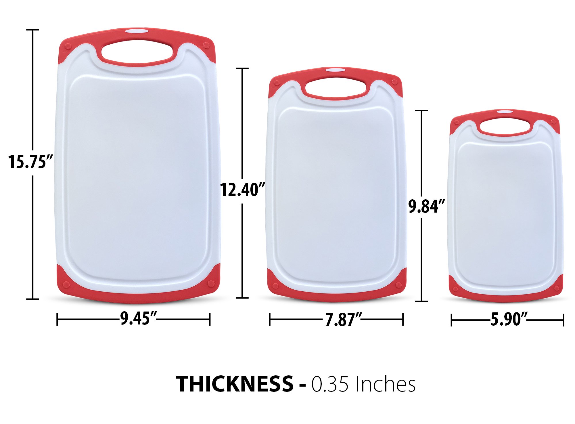 Raj Non-Slip Antibacterial Plastic Cutting Board, Deep Juice Groove, Dishwasher Safe, BPA Free, FDA Approved White and green (3 Pieces, White board with Red Ends)