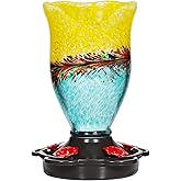 LUJII Hummingbird Feeders for Outdoors with Ant Proof, Handmade Blown Glass Hummingbird Feeder for Outside with S Hook, 25 fl.oz, Leak Proof, Multiple Functions Vase or Garden Decor, Blue Mixed Yellow