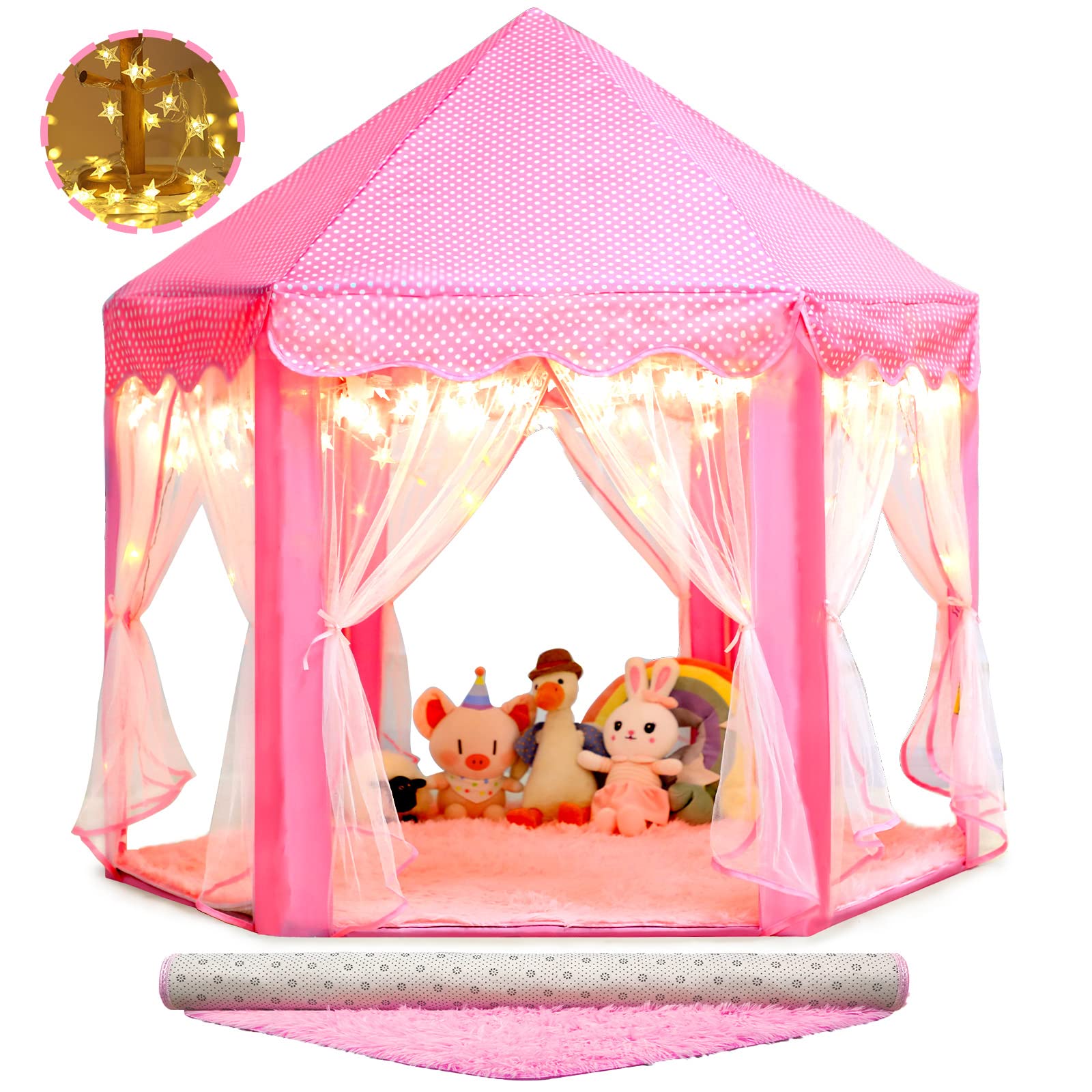 Princess Castle Tent with Rug for Girls Fairy Play Tents for Kids Hexagon Playhouse with Fairy Star Lights Toys for Children or Toddlers Indoor Games (Pink Princess Tent with Rug) Image
