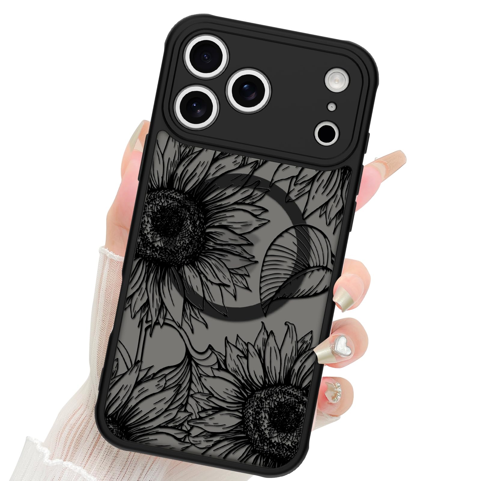 Fiyart Designed for iPhone 17 Pro Case 2025 Matte Flowers Design Compatible with MagSafe Charging,Cute Sunflowers Anti-Scratch Translucent Phone Cover for Women Girls 6.3"-Black