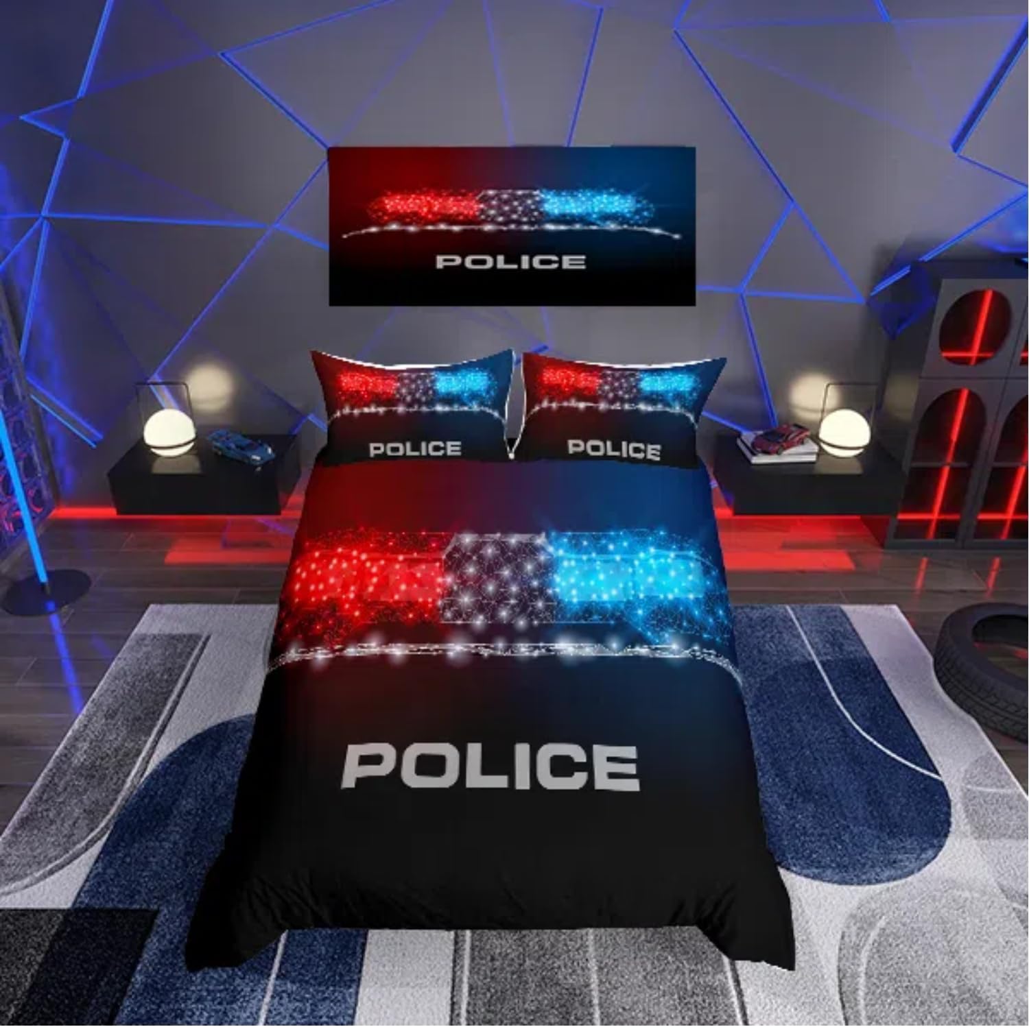Loussiesd Police Bedding Set Police Car Blue Red Lights Duvet Cover for Kids Boys Girls Police Gangster Comforter Cover Set Public Security Quilt Cover with 2Pillowcase 3Pcs Double Size