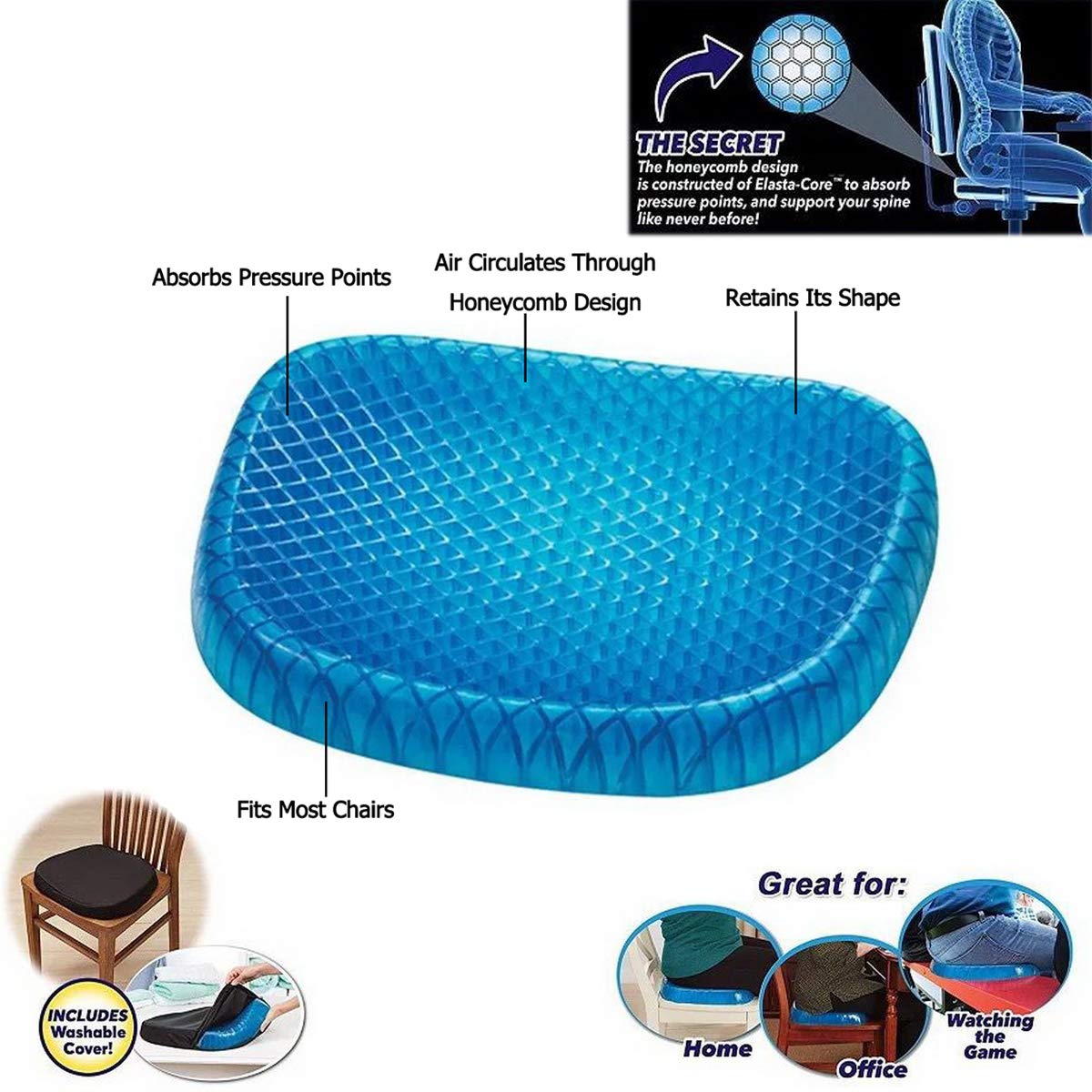 Premewish Gel Seat Cushion Breathable Pain Relief Seat Cushion with Non-Slip Cover Advanced Elastic Cool Gel Seat Cushion Honeycomb Designed Soft Gel Pad for Office Chair Wheelchair (S/37X34.5X3CM)
