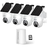 FOSSENXE Solar Security Cameras Wireless Outdoor, 4 Cam-Kit, Solar-Powered, 2K Cameras for Home Security System, 360° Pan & Tilt, Color Night Vision, Motion Detection, 64GB Memory Card, No Monthly Fee