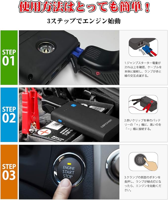 Amazon Dbpower ジャンプスターター 大容量 mah 最大電流500a 12v 車用 快速始動 Qc3 0 急速充電 モバイルバッテリー 保護機能搭載 Led緊急ライト搭載 ガソリン車 ディーゼル車も対応 2年品質保証 ジャンプスターター 車 バイク Amazon Dbpower ジャンプスターター 大容量 mah 最大電流500a 12v 車用 快速始動 Qc3 0 急速充電 モバイルバッテリー 保護機能搭載 Led緊急ライト搭載 ガソリン車 ディーゼル車も対応 2年品質保証 ジャンプスターター 車 バイク
