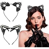CURASA Black Cat Ears Headband for Women 2pcs Lace Cat Ears Headbands Bow Cat Ears Adult Pearl Hairband Animal Ears Head Band Cat Party Favor Costume for Birthday Halloween Cosplay Themed Party