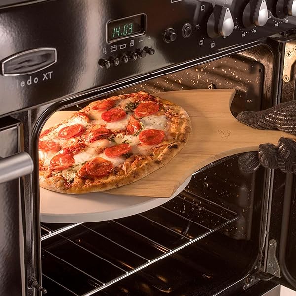 PIZZA STONES SET, HEAVY DUTY ROUND CORDIERITE BAKING STONE FOR BREAD, PIZZAS, THERMAL SHOCK RESISTANT COOKING STONE WITH BAMBOO PIZZA PEEL PADDLE FOR OVEN AND GRILL-12 INCHES (DIAMETER)