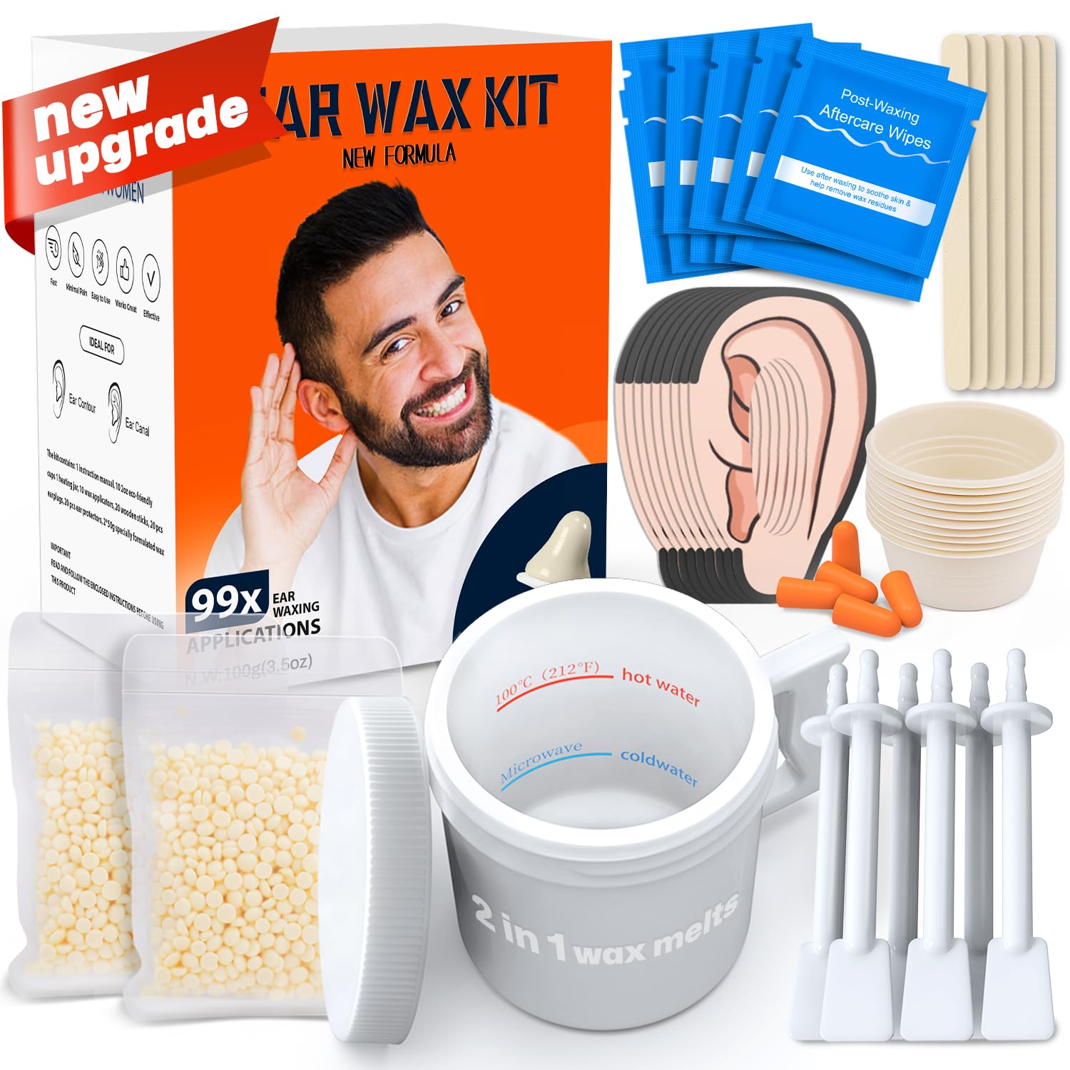 Wokaar 99 Count Ear Nose Hair Waxing Kit - 100 g Wax, 20 Wooden Sticks, 10 Nose Applicators - 2 in 1 Nasal and Ear Hair Removal for Men & Women, 15 Balm Wipes etc.