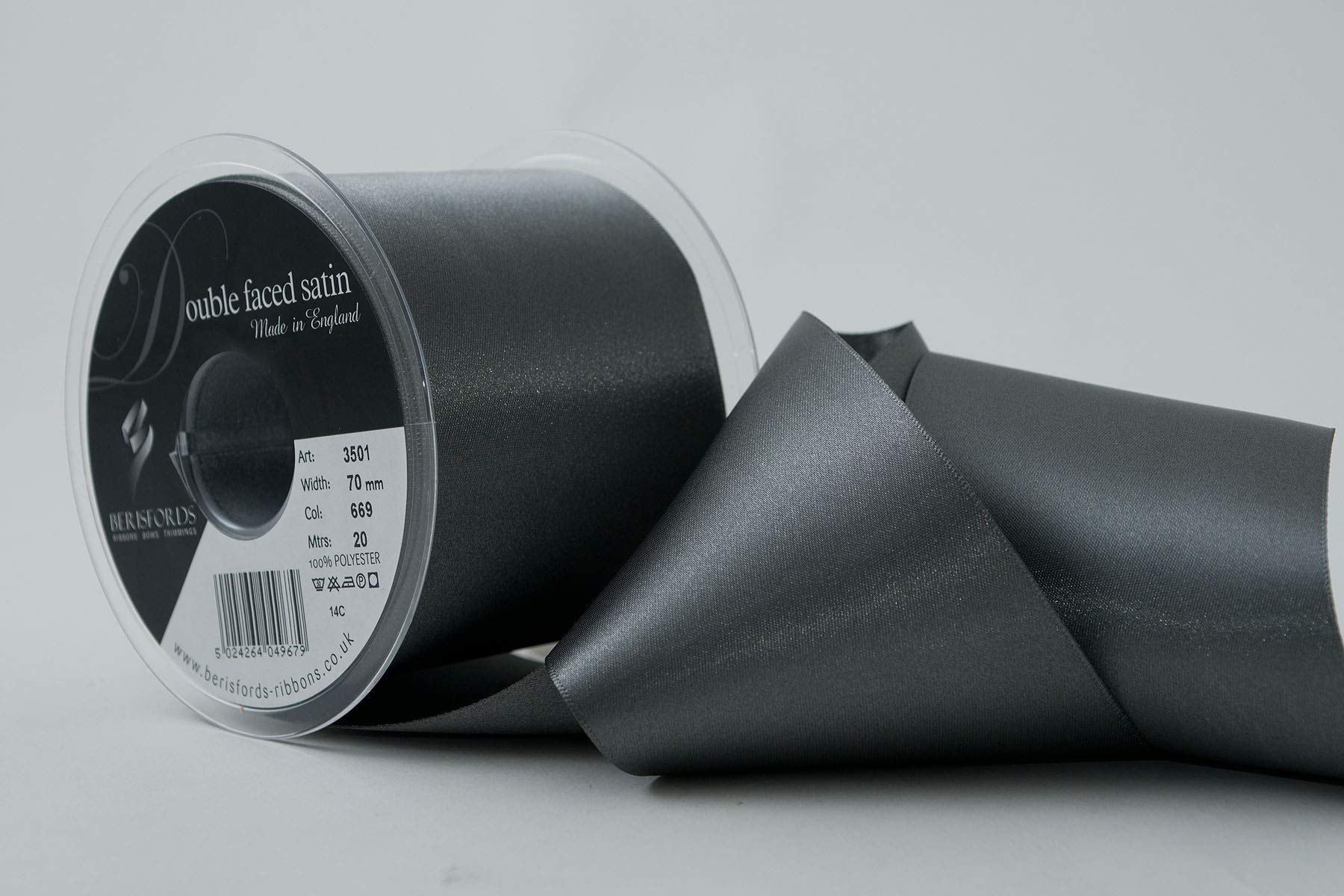 Berisfords 70 mm Double Faced Polyester Satin Ribbon, Smoked Grey