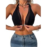 SHENHE Women's Front Closure Halter Neck Plunge Bra Non Padded Contrast Mesh Bralette