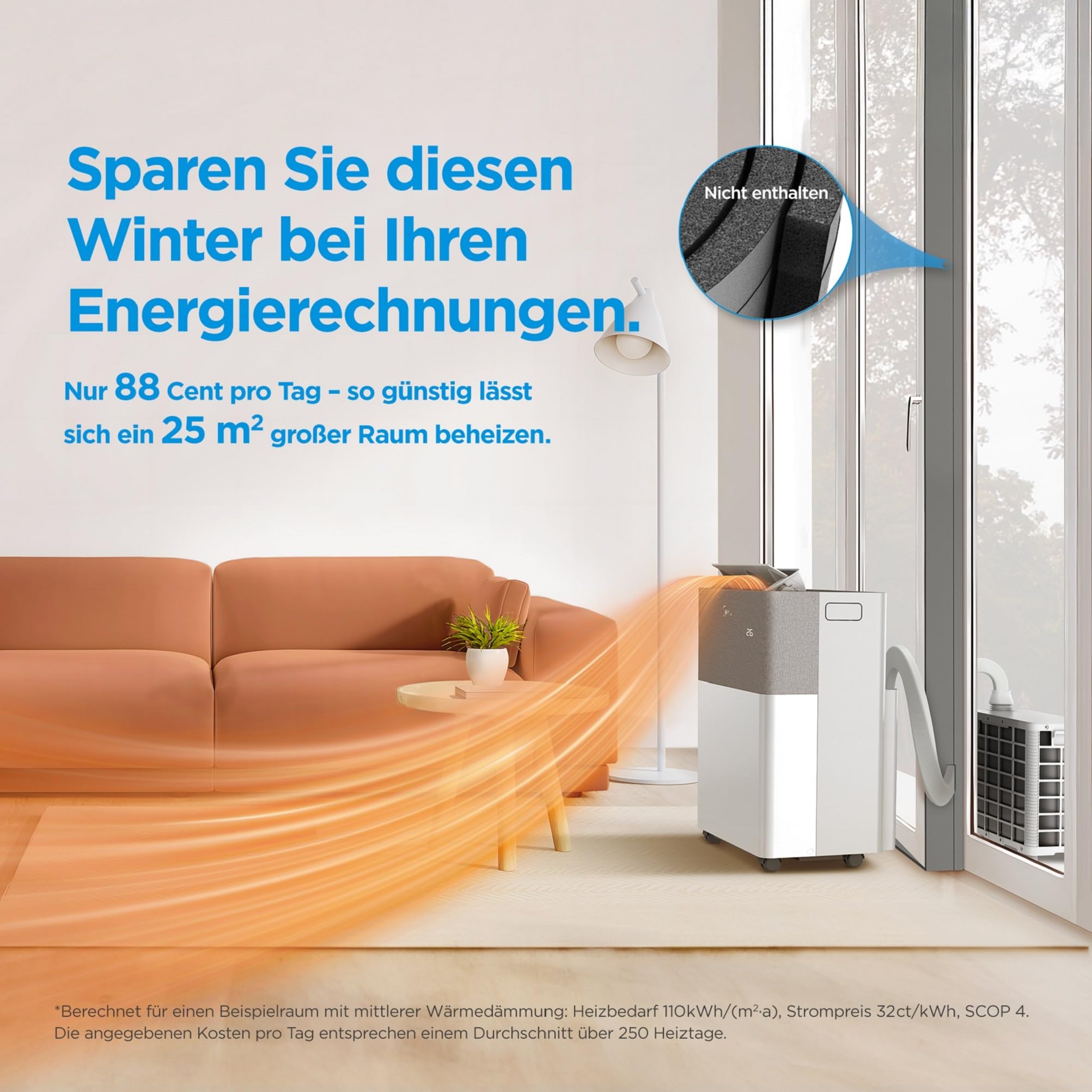 Midea Portasplit Mobile Wärmepumpe, Klimaanlage, Kühlen A++/Heizen A+, 12000 BTU 3, 5kW, für Räume bis zu 42 m² / 105 m³, nur 39 dB(A) im Silent-Modus 5