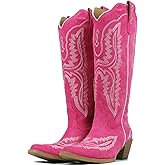 Meefit Cowboy Boots for Women Knee High Cowgirl Boots Pointed Toe Chunky Heel Western Boots,Retro Country Boots,Vintage Tall Boots(hot pink,US8)
