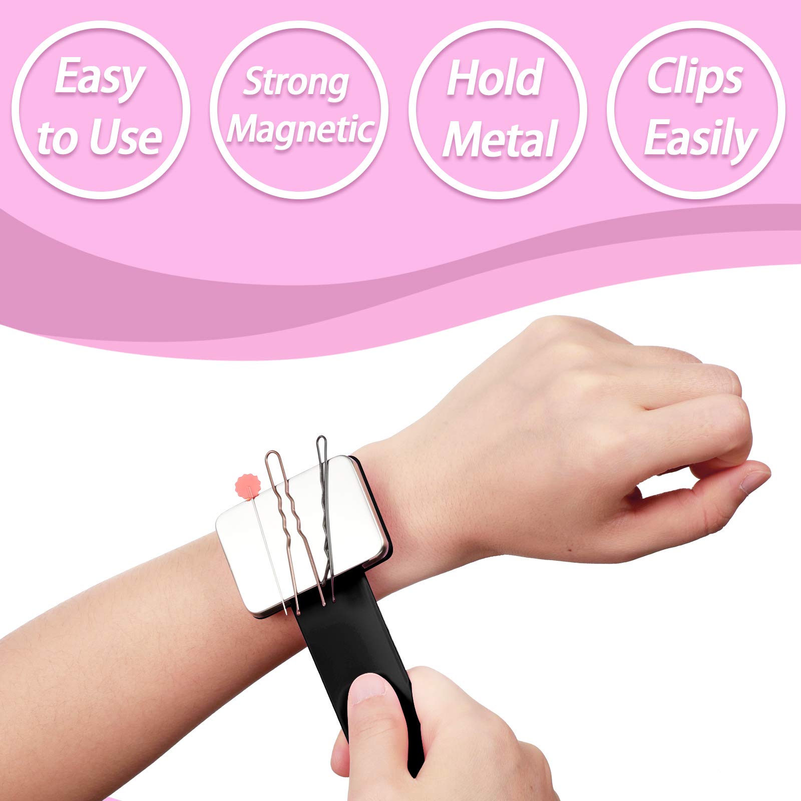 Magnetic Silicone Wrist Strap Bracelet Magnetic Bobby Pin Hair Clips Bracelet Magnetic Wrist Sewing Pincushion with 2 Hair Parting Comb, 72 Pieces Hairpins for Quilting Sewing Pin Hair Clip (Black)