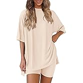 PRETTYGARDEN Women 2 Piece Lounge Set 2026 Summer Casual Oversized Shirts Biker Shorts Matching Airport Travel Outfit Clothes