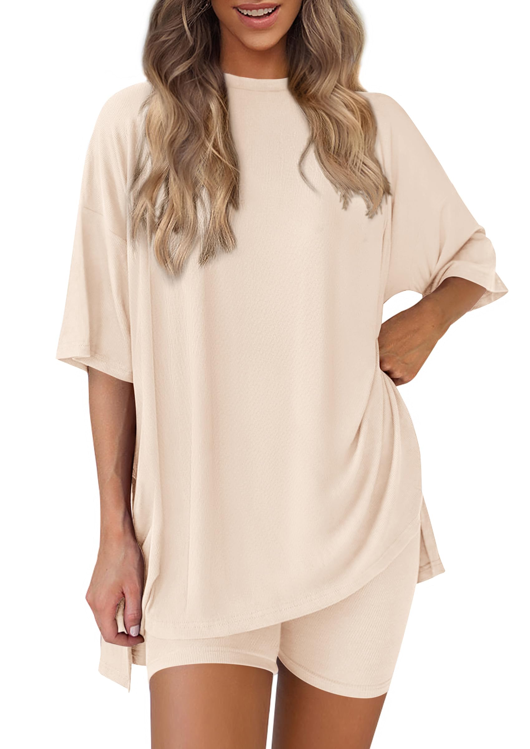 Photo 1 of PRETTYGARDEN Women's Two Piece Lounge Set 2025 Summer Casual Oversized Shirts Biker Shorts Matching Airport Travel Outfit (Beige,Medium)