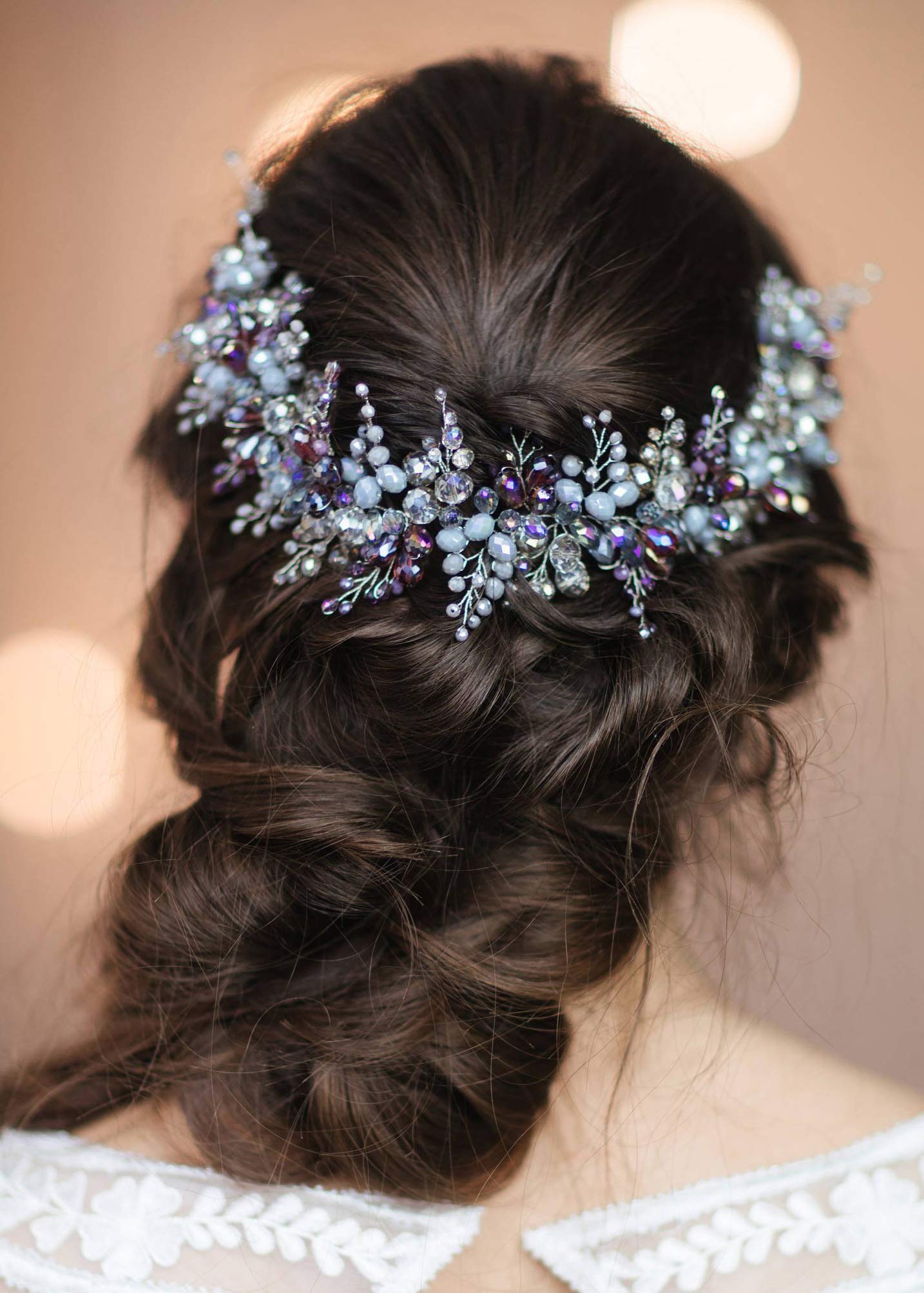Kercisbeauty Blue and Purple Headband for Brides Bridal Headpiece Side Headband Wedding Women Special Occasion Jewelry Beads Hair Piece Tiara