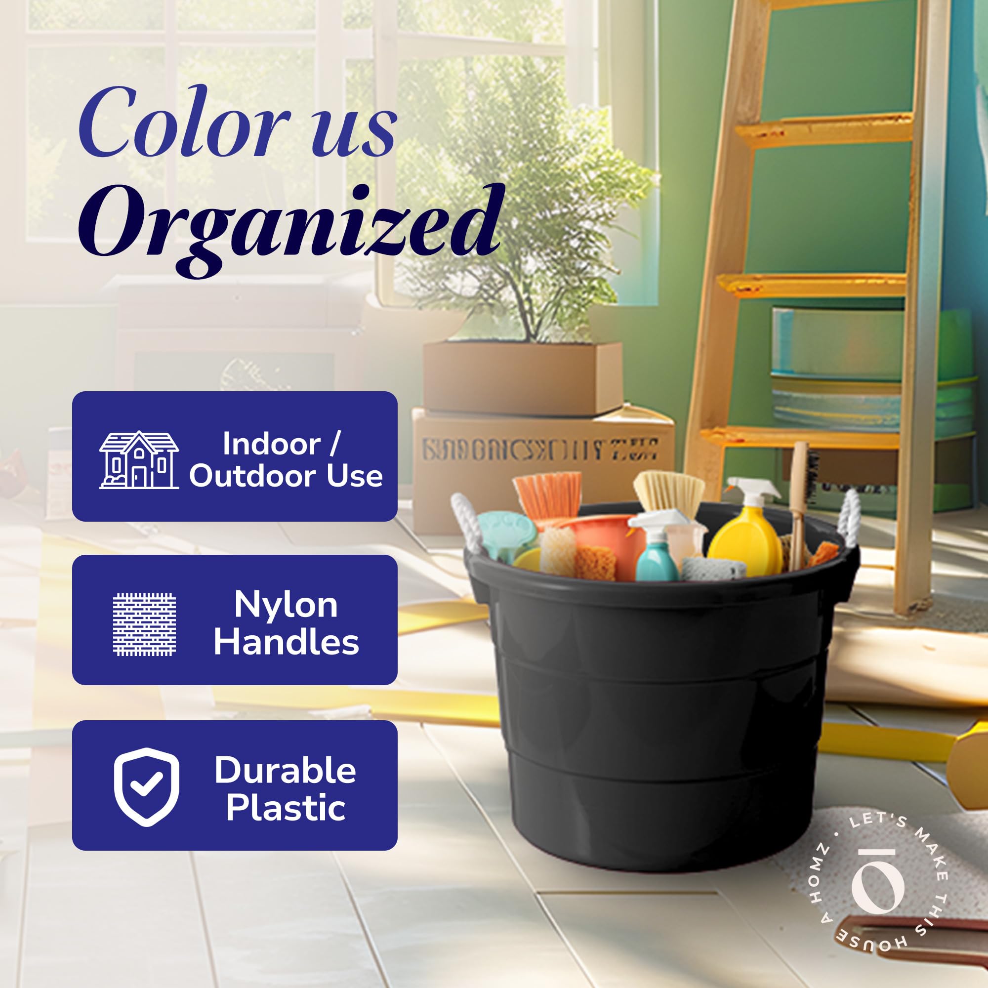 HOMZ 2-Pack Utility Tub, Large Plastic Storage Bucket with Rope Handles, 17 Gallon, Black - Portable Indoor and Outdoor Buckets for Kitchen, Laundry, Garden, Bathroom, and Garage Organization