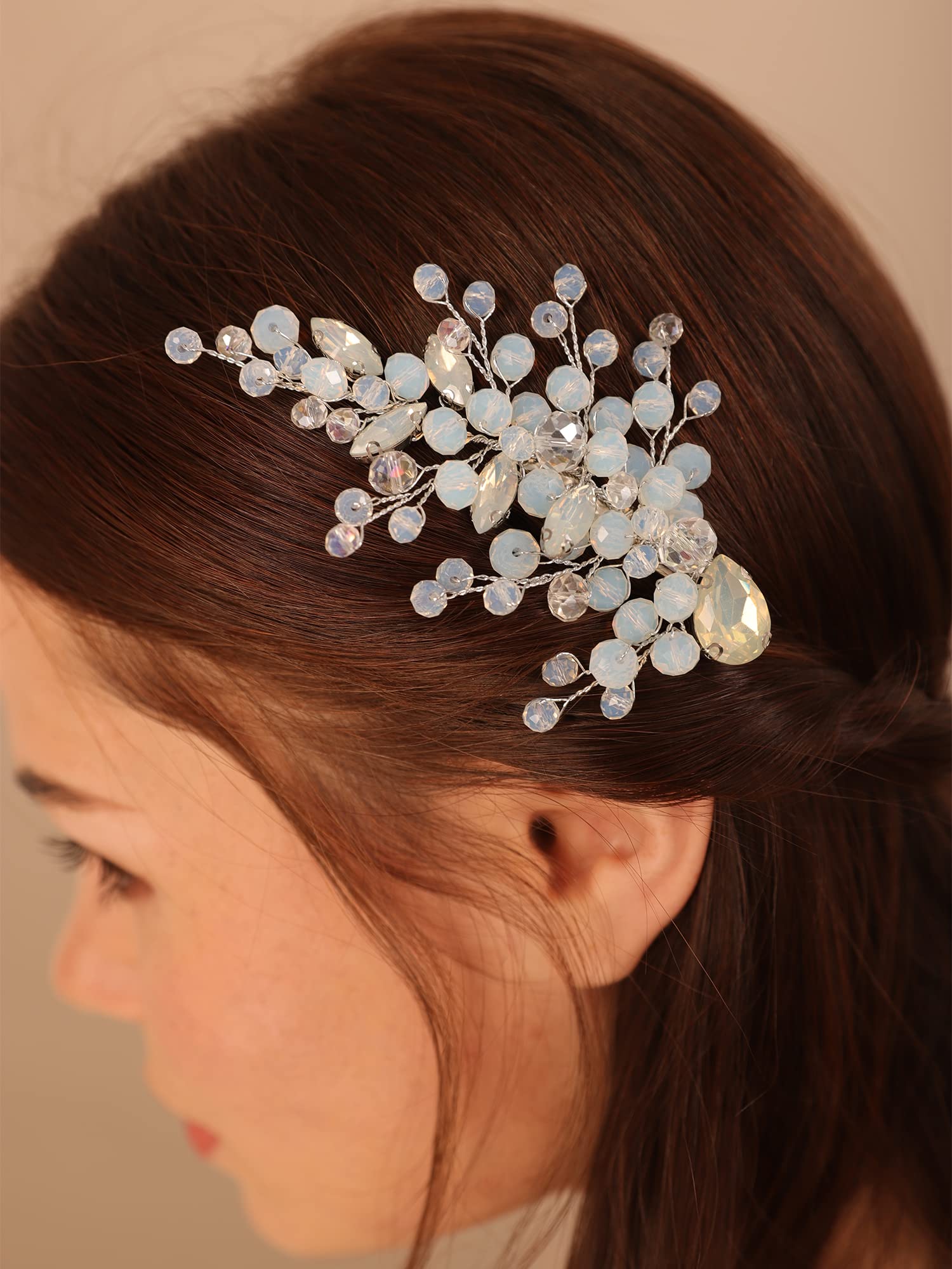 Kercisbeauty Opal Crystal Silver Hair Piece for Women Wedding Bridal Hair Clips Boho Cute Rhinestones Hair Accessory (Opal)