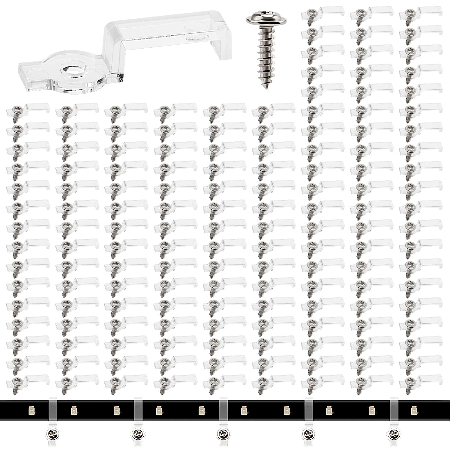 VooGenzek 150 PCS 10mm Light Strip Clips, LED Strip Light Mounting Clips, Strip Light Mounting Brackets, with Screws, for 10mm Wide LED Strips Lights (Transparent)