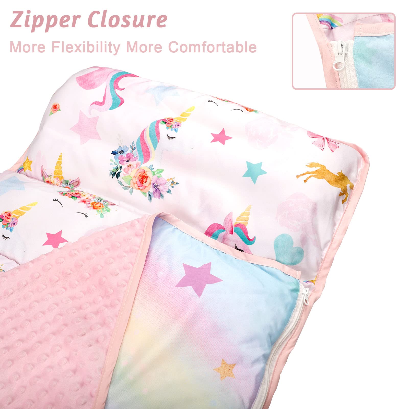 Toddler Nap Mat with Removable Pillow and Soft Dot Minky Blanket Pea Pod Kids Unicorn Napping Mats, Extra Large Rolled Slumber Bags for Girls Preschool, Daycare, Camping, 22 x 54inches Ages 3-7 Years