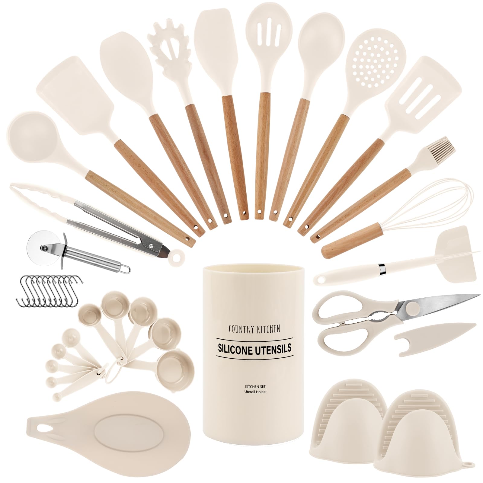 Country Kitchen Non Stick Silicone Utensil Set with Rounded Wood Handles for Cooking and Baking, 38 Piece Set, Khaki Image