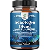 Adaptogens Supplements Blend Capsules w Ashwagandha &amp; Rhodiola - 60 ct | Calming adaptogens support for stress, mood, energy &amp; cortisol management; vegan, non-GMO