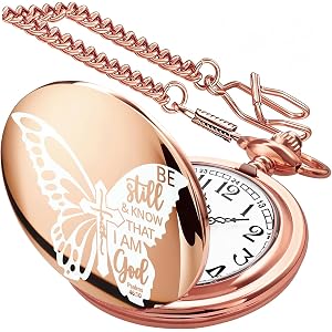 Tiong Bible Verse Pocket Watch Vintage Quartz Pocket Watches Cross Butterfly Pattern with Chain Christmas Graduation Birthday