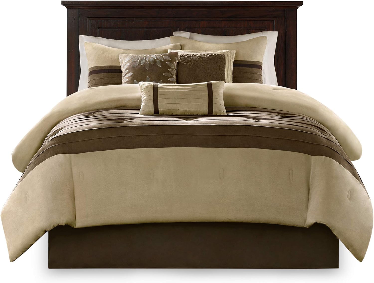 Madison Park - Palmer 7 Piece Comforter Set - Natural - Queen - Pieced Microsuede - Includes 1 Comforter, 3 Decorative Pillows, 1 Bed Skirt, 2 Shams: Home & Kitchen
