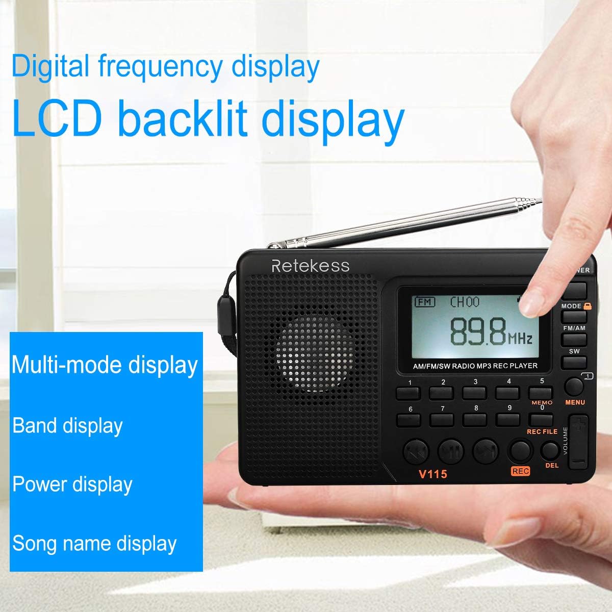 Retekess V115 Portable AM FM Radio with Shortwave Radio MP3 Player Digital Record Support Micro SD TF Card Sleep Timer and Rechargeable Battery(Black): Electronics
