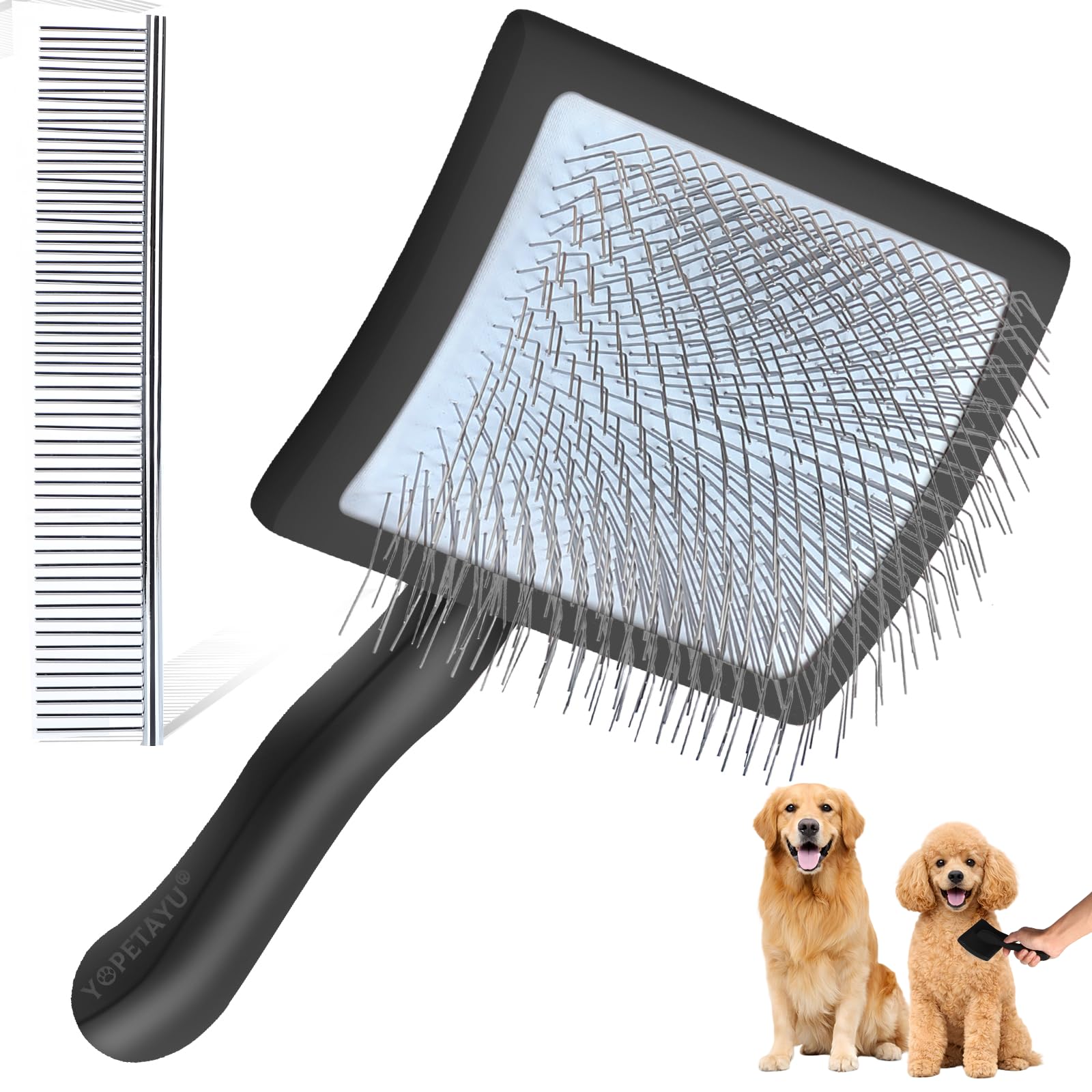 YOPETAYU Large Long Pin Slicker Brush for Poodles, Goldendoodles & Long Haired Dogs - 25mm Pins Professional Grooming Tool with Wooden Handle for Thick Curly Coats, Mats & Undercoat - Black