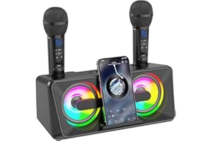 DLARA Karaoke Machine for Adults and Kids with 2 UHF Wireless Microphones,Portable Bluetooth Singing Speakers PA System with Disco Lights Phone Holder for Home Party, Picnic,Outdoor/Birthday Gifts