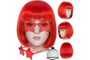 ANOGOL Hair Cap + (Sunglasses) Red Bob Wig with Bangs Womens Red Party Wigs with Star Shape Sunglasses Short Neon Wig Daily Party Outfit Fun Wigs Women Halloween Costume Night Club Bachelorette Hair
