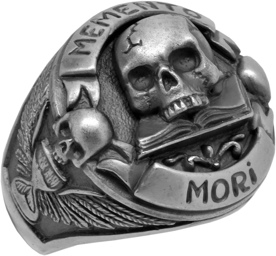 Masonic Skull over Book Memento Mori Biker Sterling Silver 925 Mens Ring