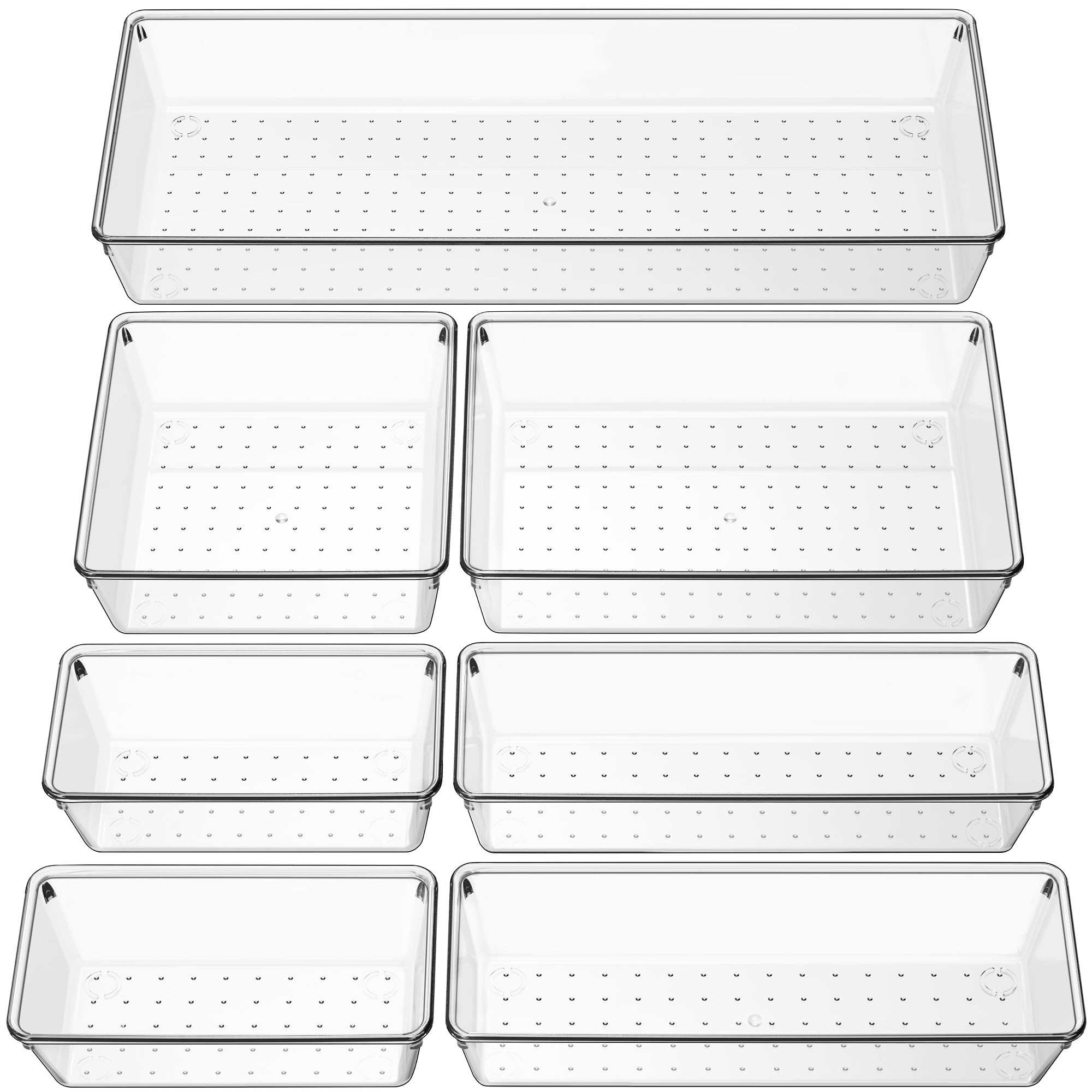 Photo 1 of Criusia Clear Drawer Organizer 7 PCS - 5 Size Plastic Versatile Kitchen and Bathroom Organizer Trays, Non-Slip Storage Bins for Makeup, Utensils, Tool and Office Desk