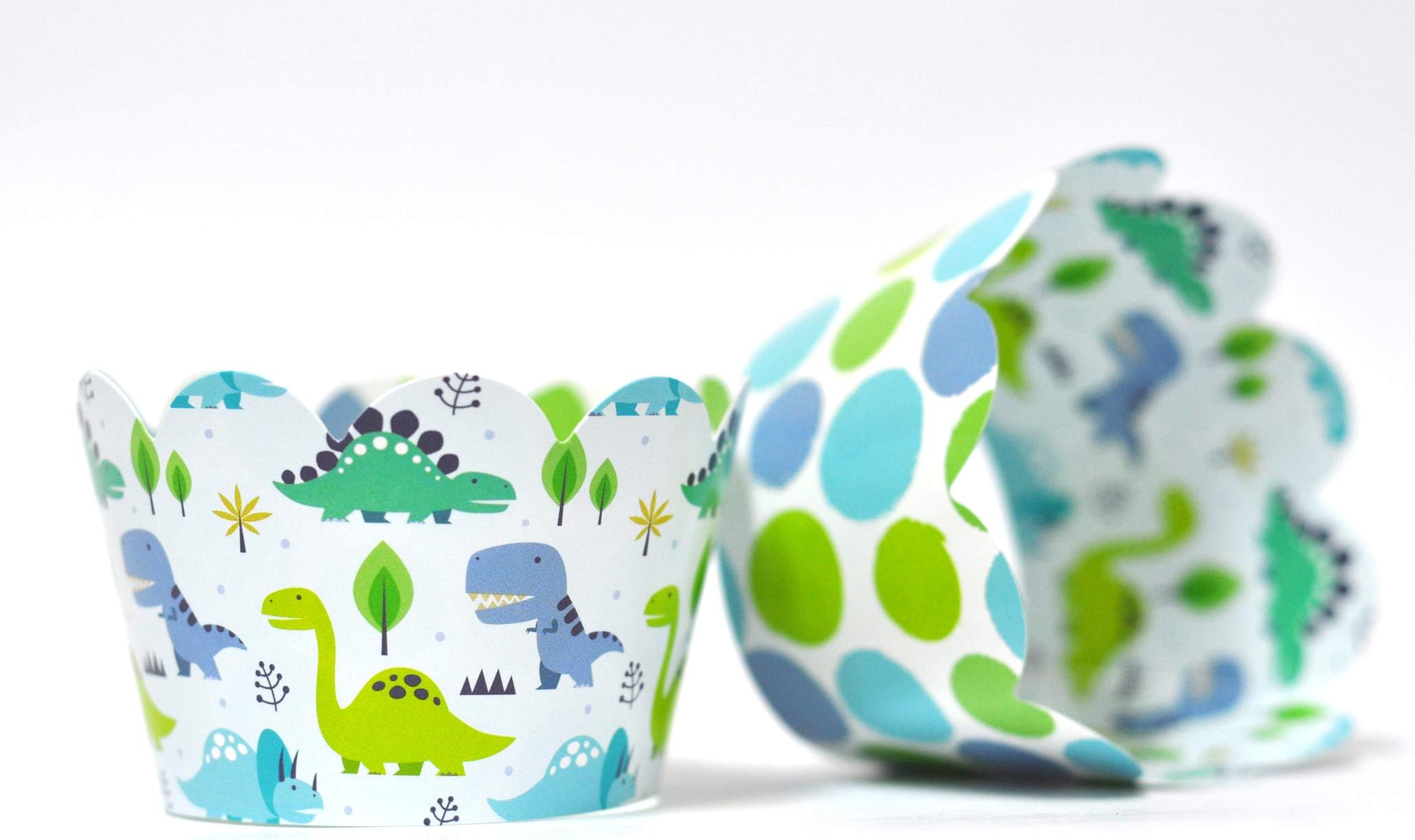 Dinosaur Cupcake Wrappers for Boys and Girls Birthday Parties, Jurassic or Roar themed parties. Set of 24 Reversible colorful dinosaur, polka dot pattern Cup Cake Holder Wraps. Blue, mint