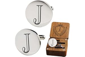 SEEMDANTEN Mens Classic Initial Cuff links A-Z Alphabet 26 Letters Stainless Steel Silver CuffLinks with Engraved Walnut Wood Gift Box Business Wedding Set