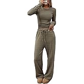 CHYRII Womens Two Piece Sets Fall Fashion Striped Long Sleeve Tops Wide Leg Palazzo Pants Outfits Loung Sets