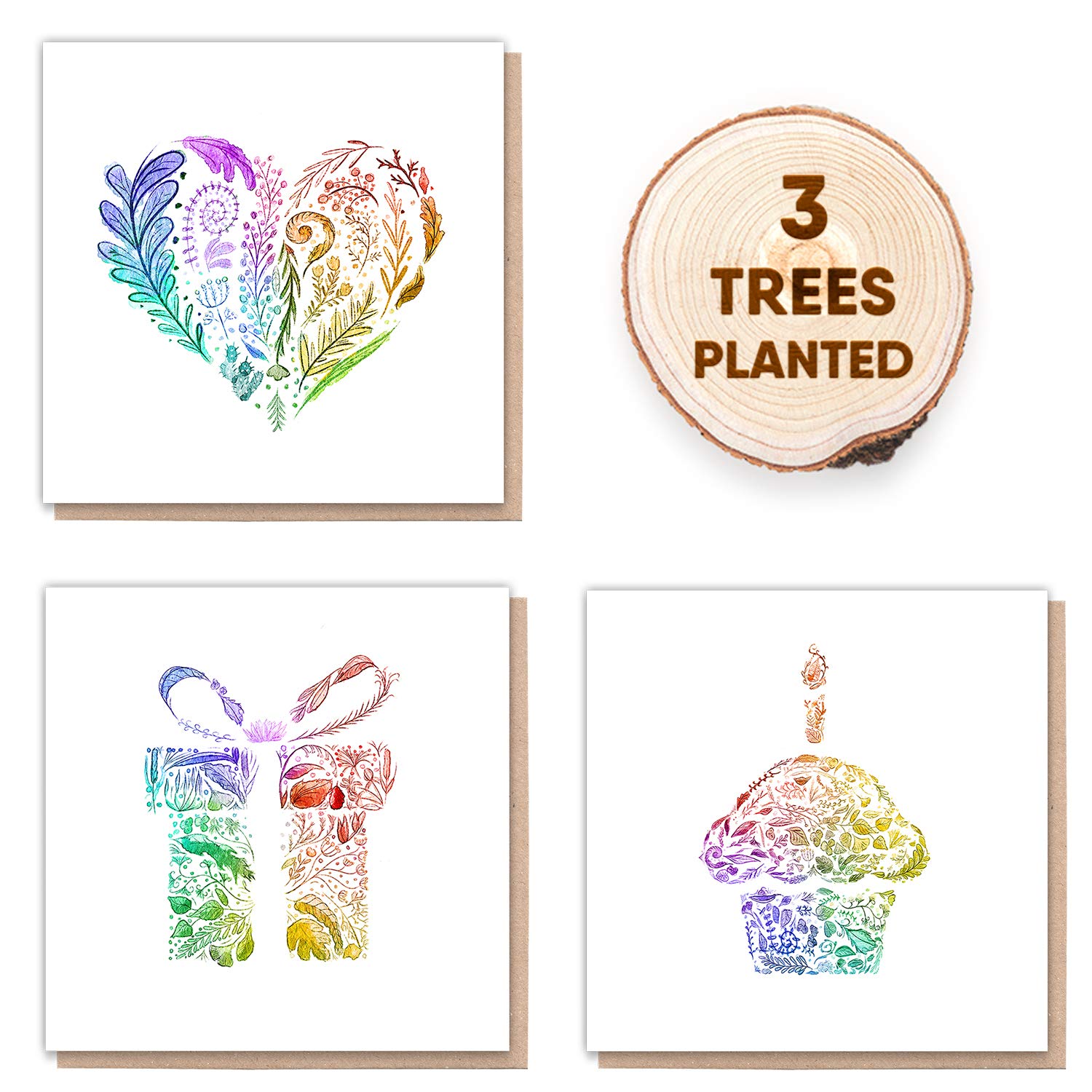 1 Tree Cards Eco Friendly Card Pack | 3 Trees Planted & Flower Seed Cards Inside | Rainbow Heart, Birthday Cake & Gift Designs | 100% Recycled, Vegan & Plastic Free (Naturecosm)
