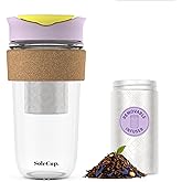 SoleCup. Large Travel Mug Loose Tea Infuser - Detachable Tea Strainer with Spill Proof Lid - 18oz/530ml BPA-Free Reusable Glass Travel Coffee Cup with Cork Band (Ice Cream, 18oz)