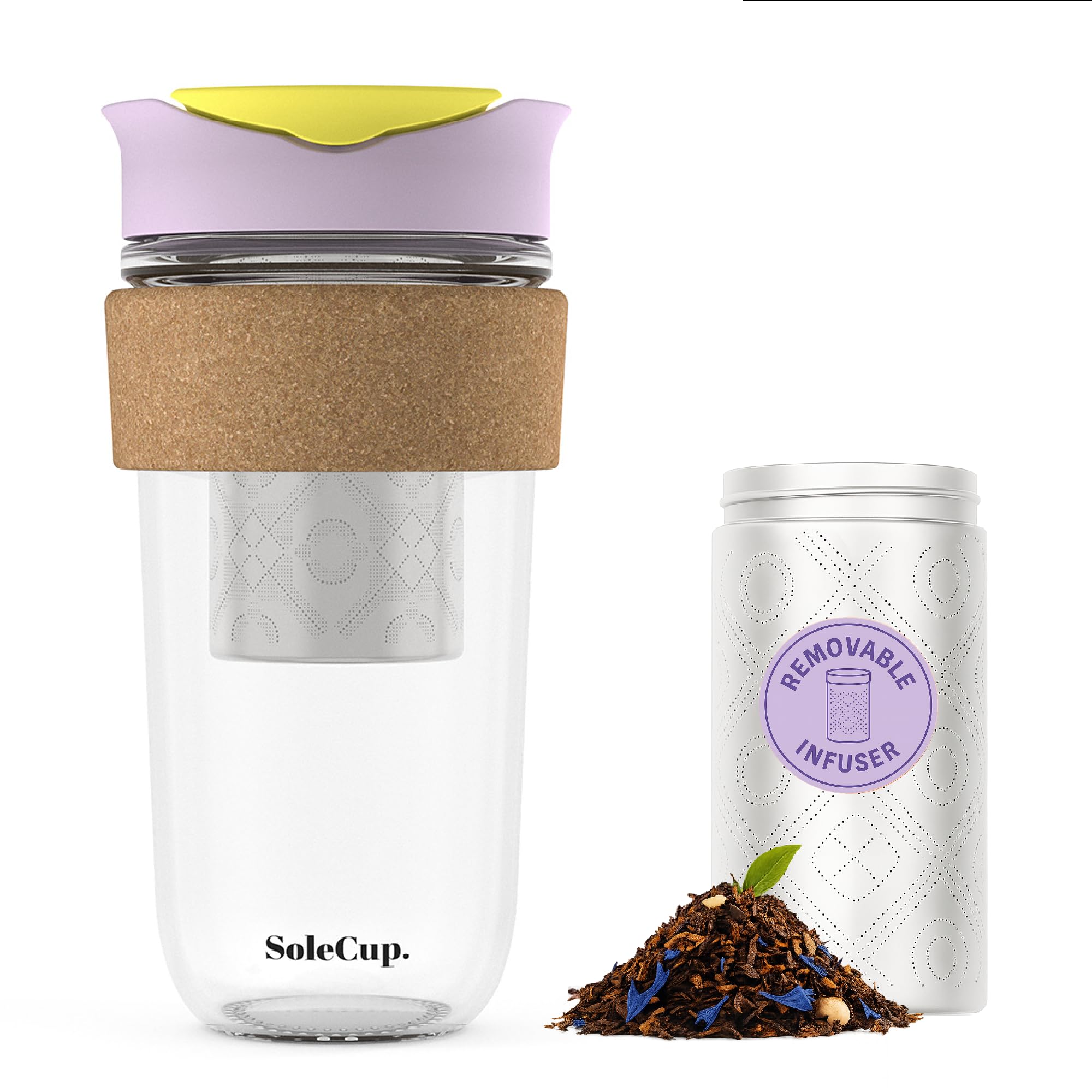 SoleCup. Large Travel Mug Loose Tea Infuser - Detachable Tea Strainer with Spill Proof Lid - 18oz/530ml BPA-Free Reusable Glass Travel Coffee Cup with Cork Band (Ice Cream, 530ml / 18oz)