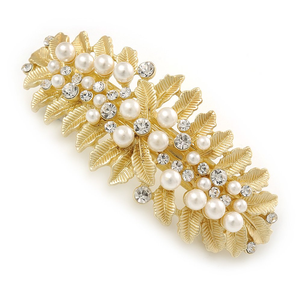 Large Bright Gold Tone Matt Diamante Faux Pearl Leaf Barrette Hair Clip Grip - 90mm Across