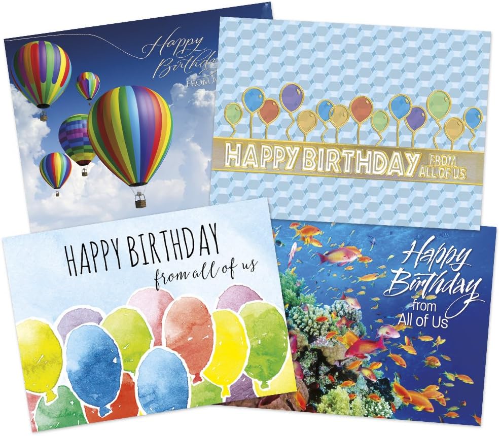 50 "From All of Us" Birthday Cards - 4 Unique Designs - 52 White Envelopes - FSC Mix